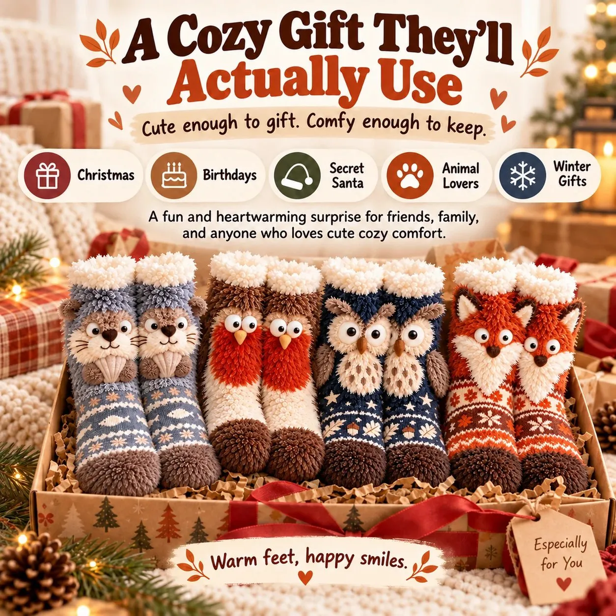 Cute 3D Woodland Animal Fuzzy Slipper Socks – Cozy Winter Socks with Owl, Fox, Robin &amp; Otter Designs