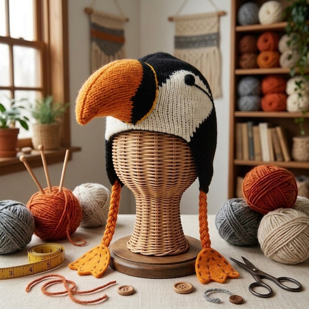 Handcrafted 3D Puffin Crochet Earflap Beanie with Big Beak & Webbed Foot Tassels