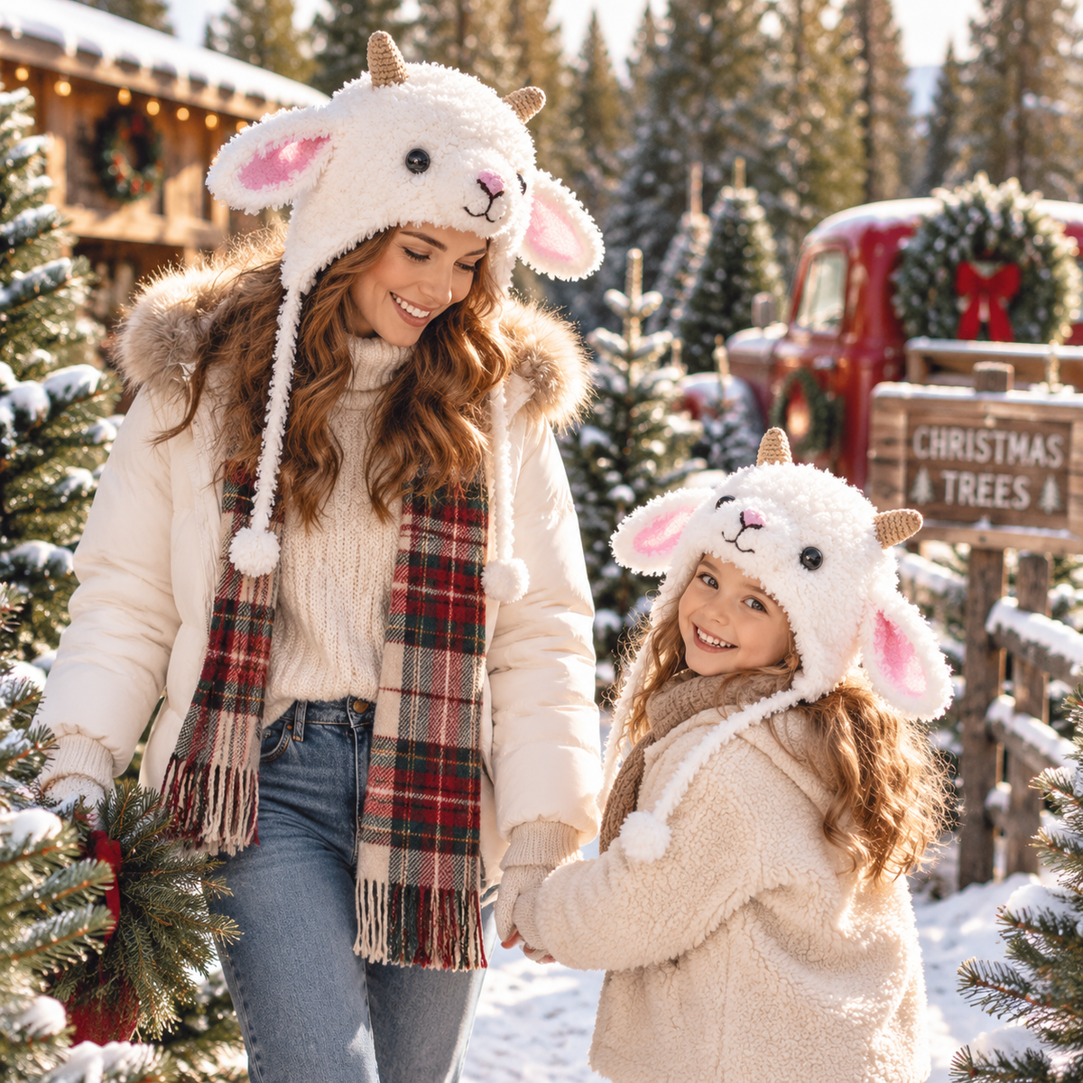 Handmade 3D Fluffy Lamb Crochet Hat – Adorable White Sheep Earflap Hat with Pink Ears &amp; Cute Horns for Kids &amp; Adults