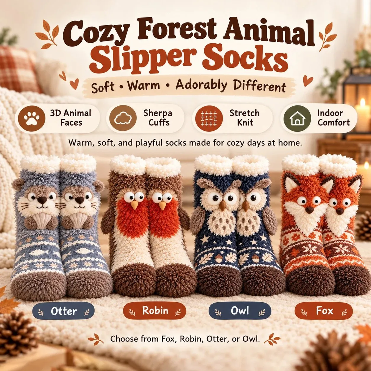 Cute 3D Woodland Animal Fuzzy Slipper Socks – Cozy Winter Socks with Owl, Fox, Robin &amp; Otter Designs