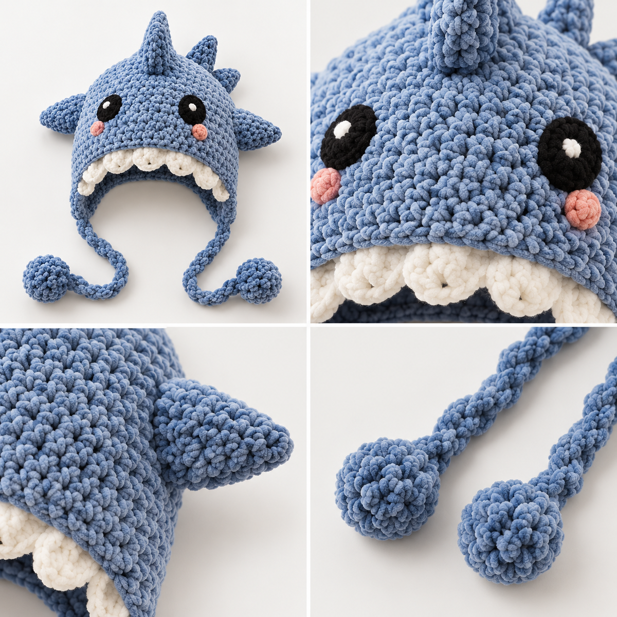 Cute Kids Shark Crochet Earflap Hat – Playful Blue Ocean Beanie with 3D Fins, Sharp Teeth & Braided Tassels