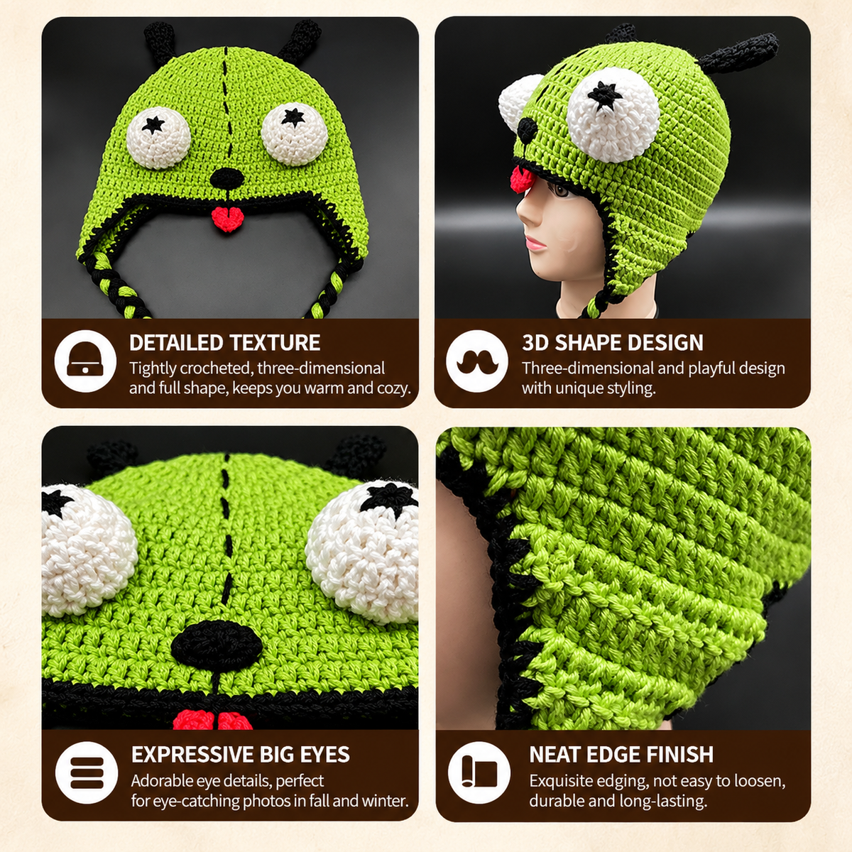 Funny Green Alien Monster Earflap Crochet Hat – Cute 3D Big Eyes Handmade Knit Hat