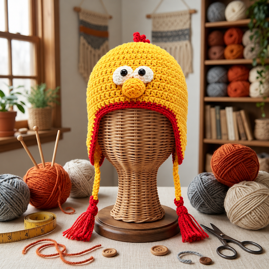 Funny Bobo Chicken 3D Crochet Hat – Cute Yellow Chicken Earflap Hat with Red Tassels