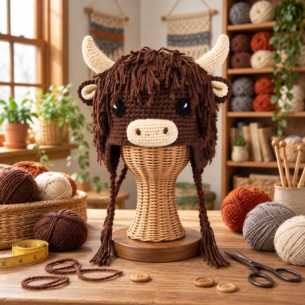 Handcrafted 3D Highland Cow Crochet Earflap Beanie with Horns & Tassels