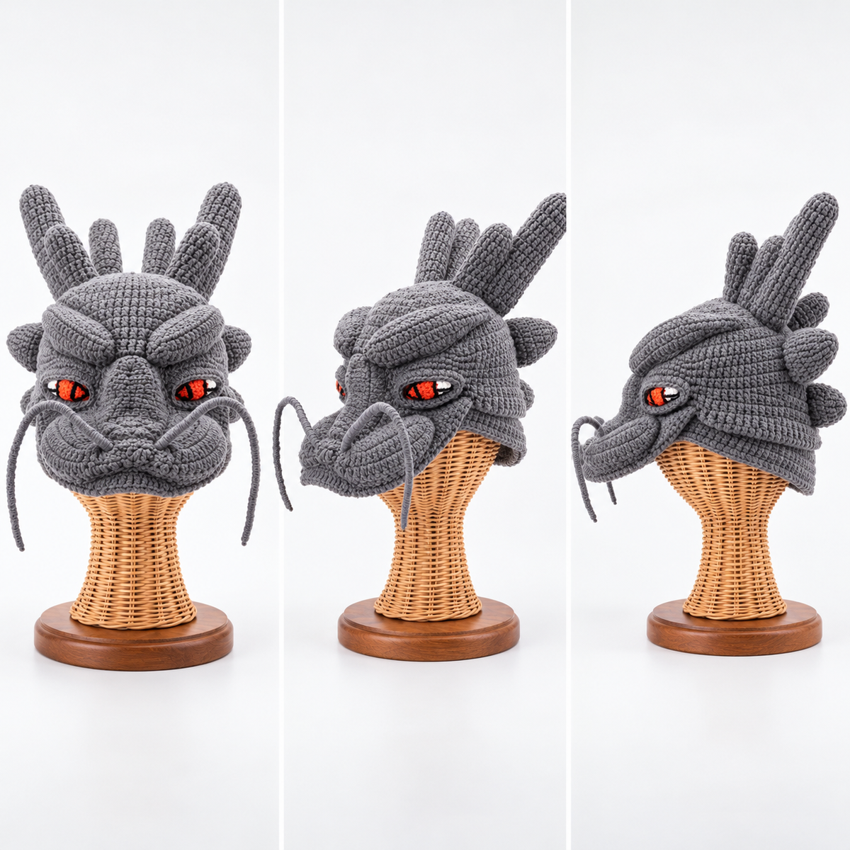 Handmade 3D Dragon Crochet Hat for Adults – Fantasy Dragon Head Beanie with Horns, Fiery Eyes &amp; Whiskers