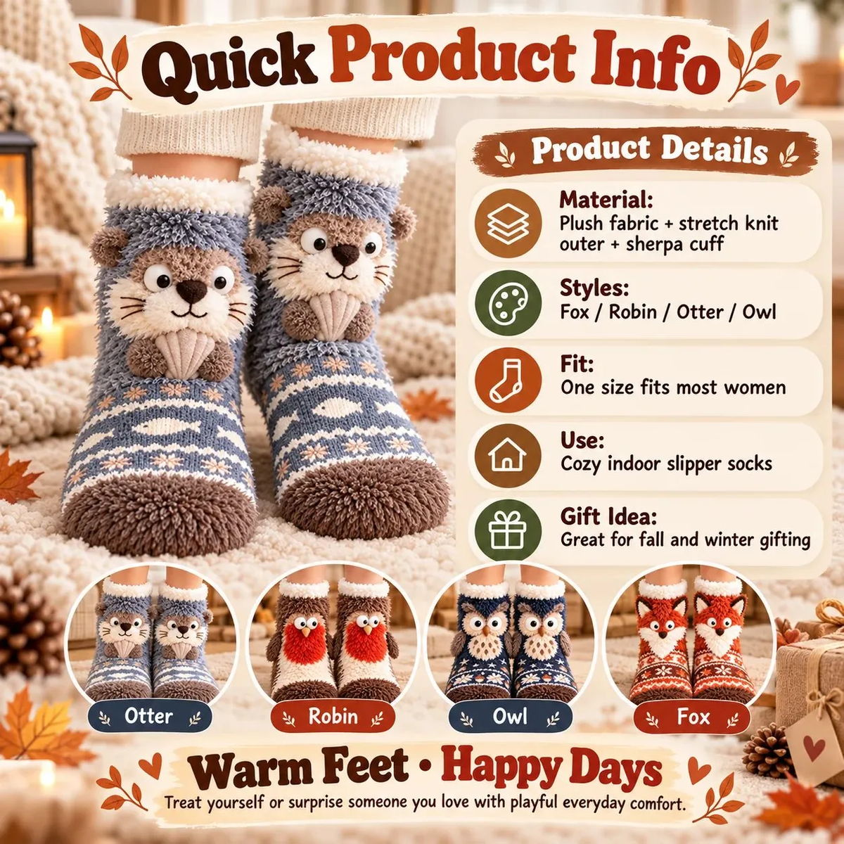 Cute 3D Woodland Animal Fuzzy Slipper Socks – Cozy Winter Socks with Owl, Fox, Robin &amp; Otter Designs
