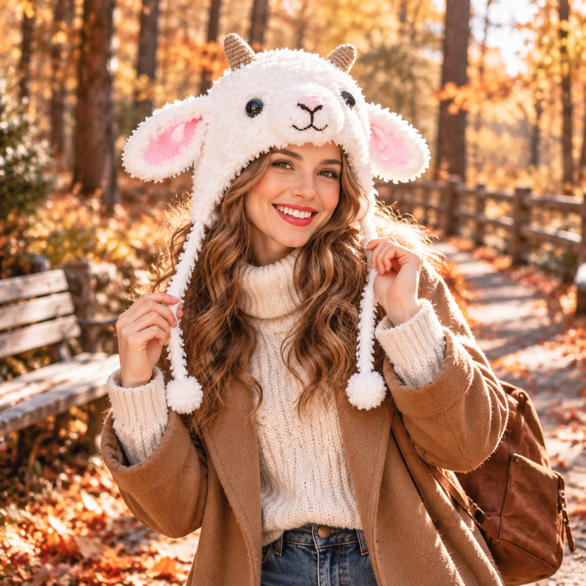 Handmade 3D Fluffy Lamb Crochet Hat – Adorable White Sheep Earflap Hat with Pink Ears &amp; Cute Horns for Kids &amp; Adults
