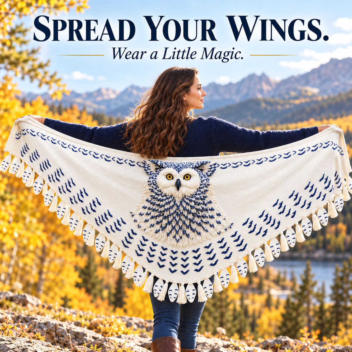 Funny Snowy Owl Wing Shawl – Knitted Scarf with Feather Fringe