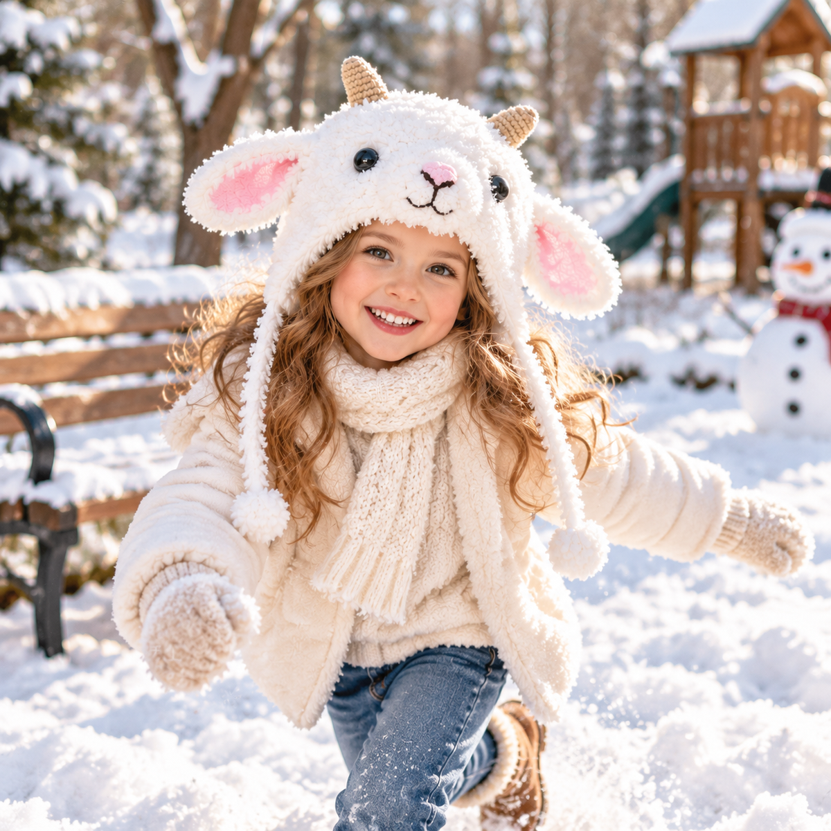 Handmade 3D Fluffy Lamb Crochet Hat – Adorable White Sheep Earflap Hat with Pink Ears &amp; Cute Horns for Kids &amp; Adults