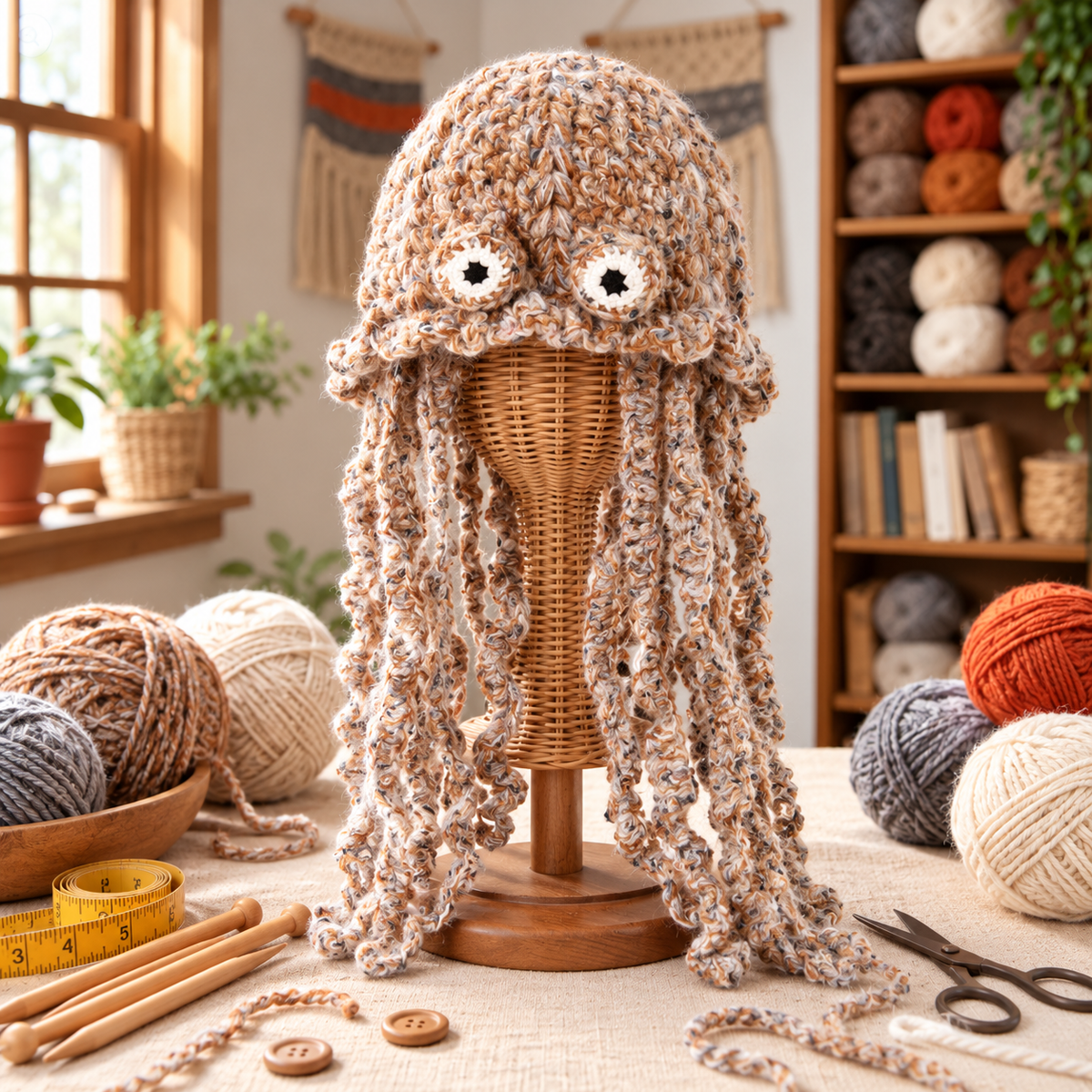 Handmade 3D Jellyfish Crochet Hat for Adults – Whimsical Ocean Animal Beanie with Long Curly Tentacles