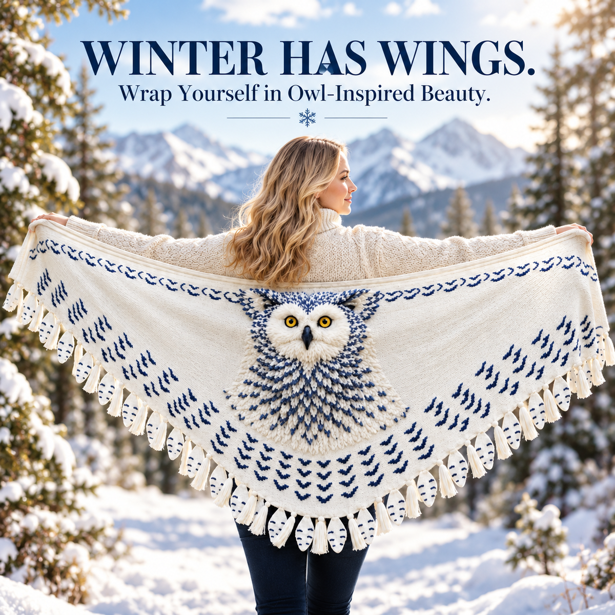 Funny Snowy Owl Wing Shawl – Knitted Scarf with Feather Fringe