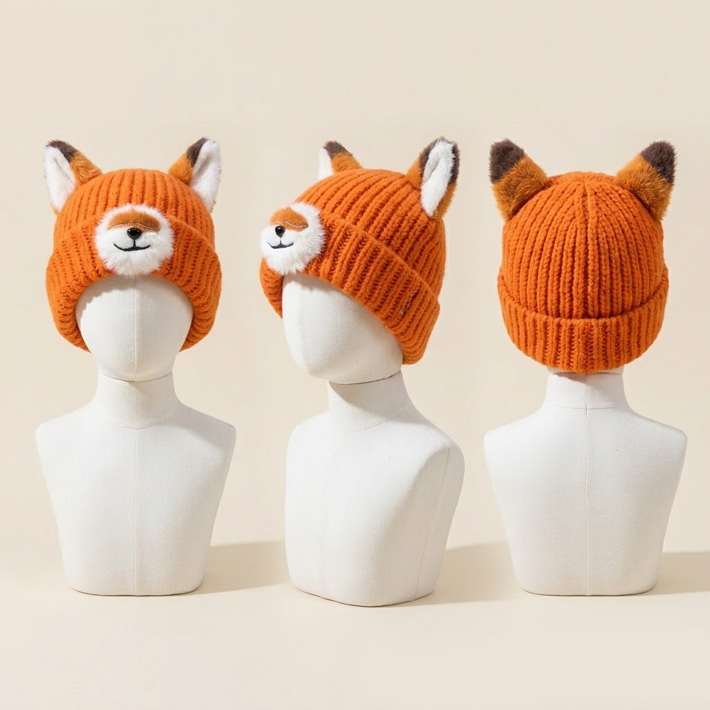 Foxy Charm 3D Knit Beanie with Cute Ears and Snout