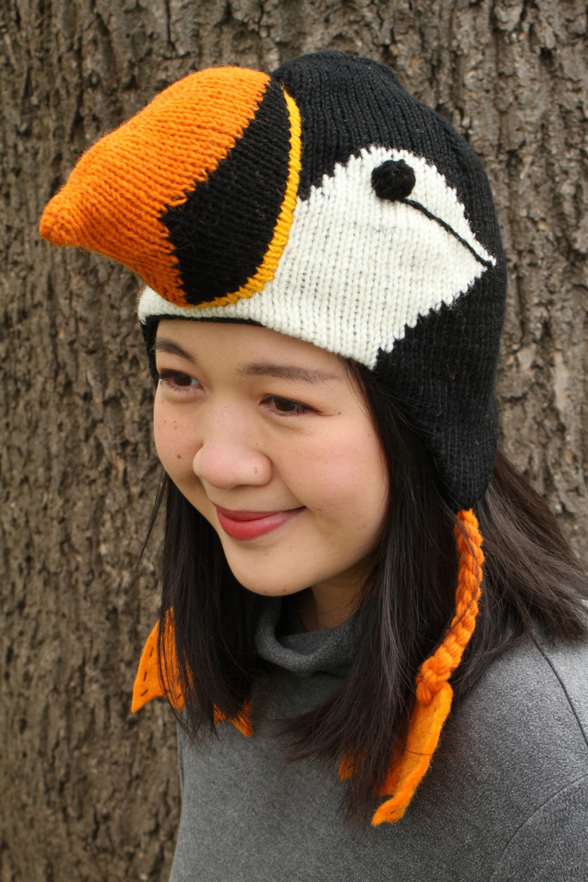 Handcrafted 3D Puffin Crochet Earflap Beanie with Big Beak & Webbed Foot Tassels