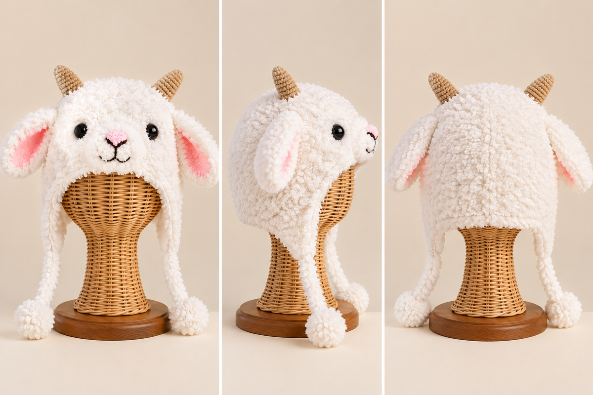 Handmade 3D Fluffy Lamb Crochet Hat – Adorable White Sheep Earflap Hat with Pink Ears &amp; Cute Horns for Kids &amp; Adults