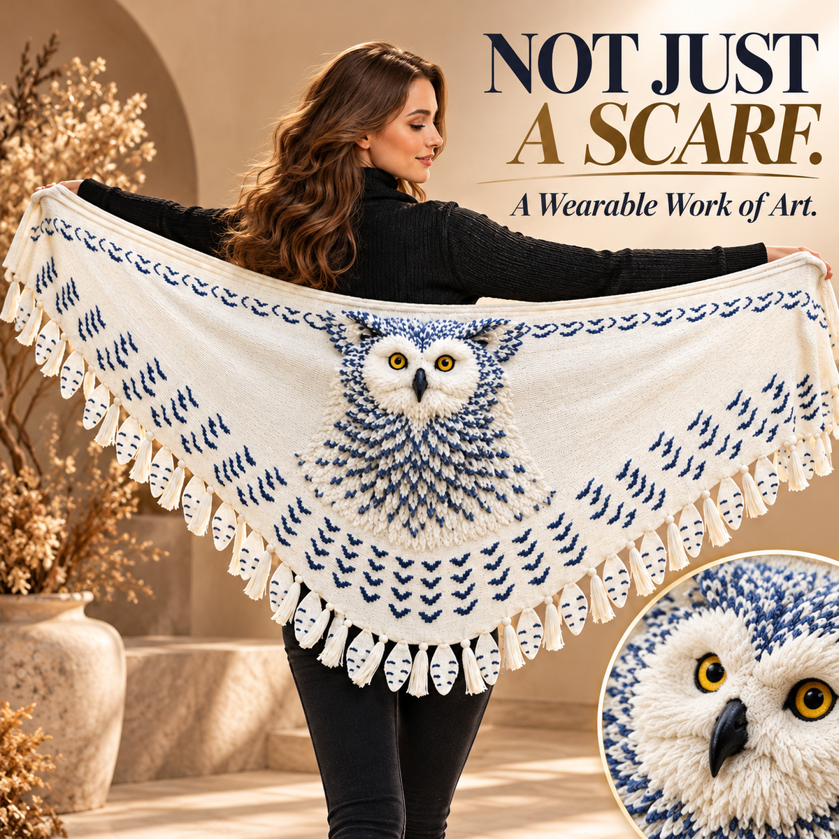 Funny Snowy Owl Wing Shawl – Knitted Scarf with Feather Fringe