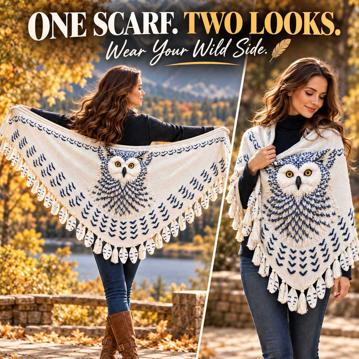 Funny Snowy Owl Wing Shawl – Knitted Scarf with Feather Fringe