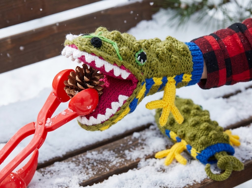 Kids' 3D Crocodile Hand-Crocheted Mittens – Funny Alligator Puppet Gloves