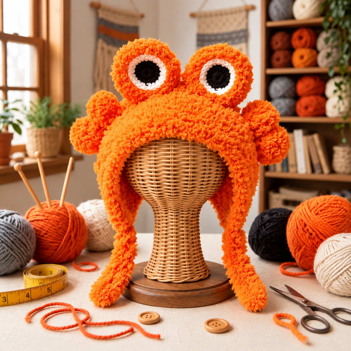 Handmade 3D Orange Monster Crochet Hat – Cute Crab-Inspired Animal Earflap Hat with Big Googly Eyes