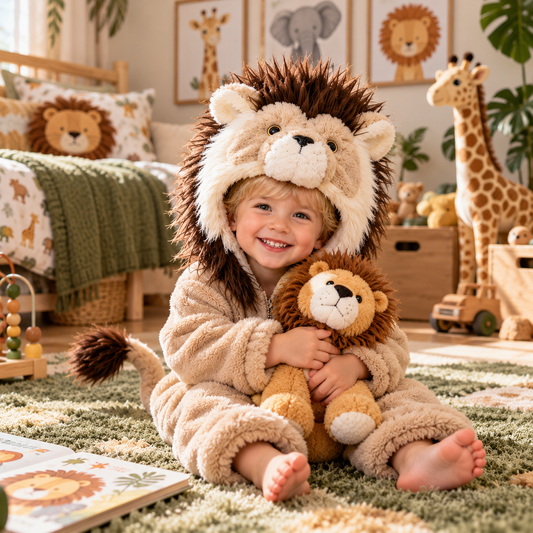 Handmade 3D Fluffy Lion Hooded Onesie – Adorable Kids' Lion Costume &amp; Cozy Pajamas
