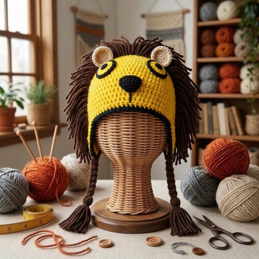 Handcrafted 3D Lion Crochet Earflap Beanie with Mane & Tassels