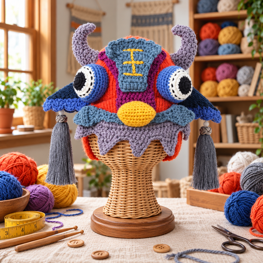 Handmade 3D Monster Crochet Hat – Colorful Creature Hat with Horns &amp; Tassels for Adults