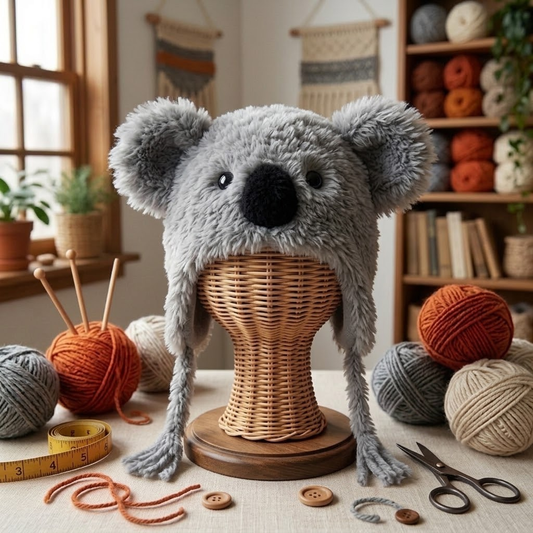 Adorable Plush Koala Earflap Hat – Cozy Fluffy Grey Animal Beanie with Fluffy Round Ears & Braided Tassels