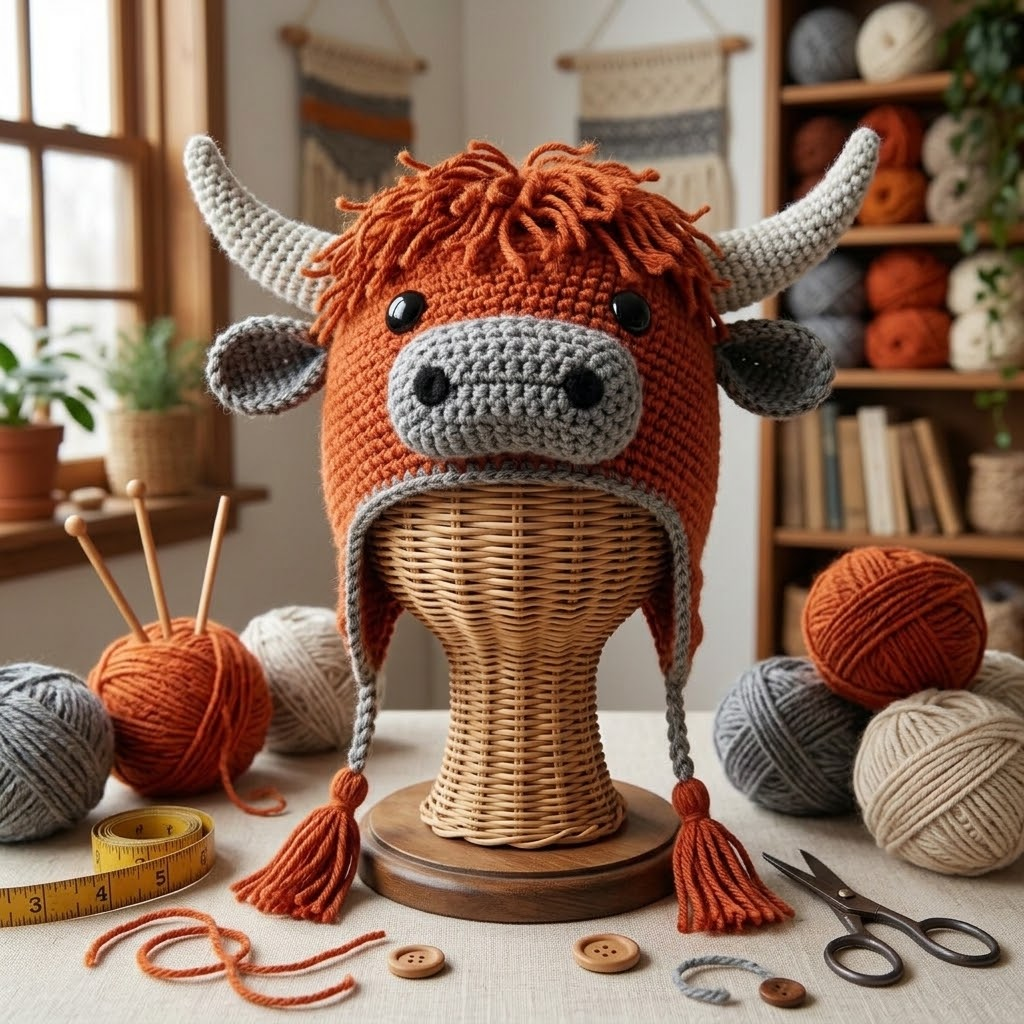 Handcrafted 3D Highland Cow Crochet Earflap Beanie with Horns & Tassels