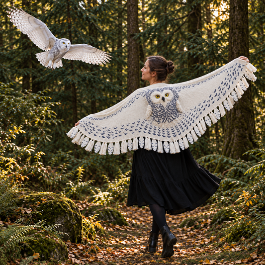 Funny Snowy Owl Wing Shawl – Knitted Scarf with Feather Fringe
