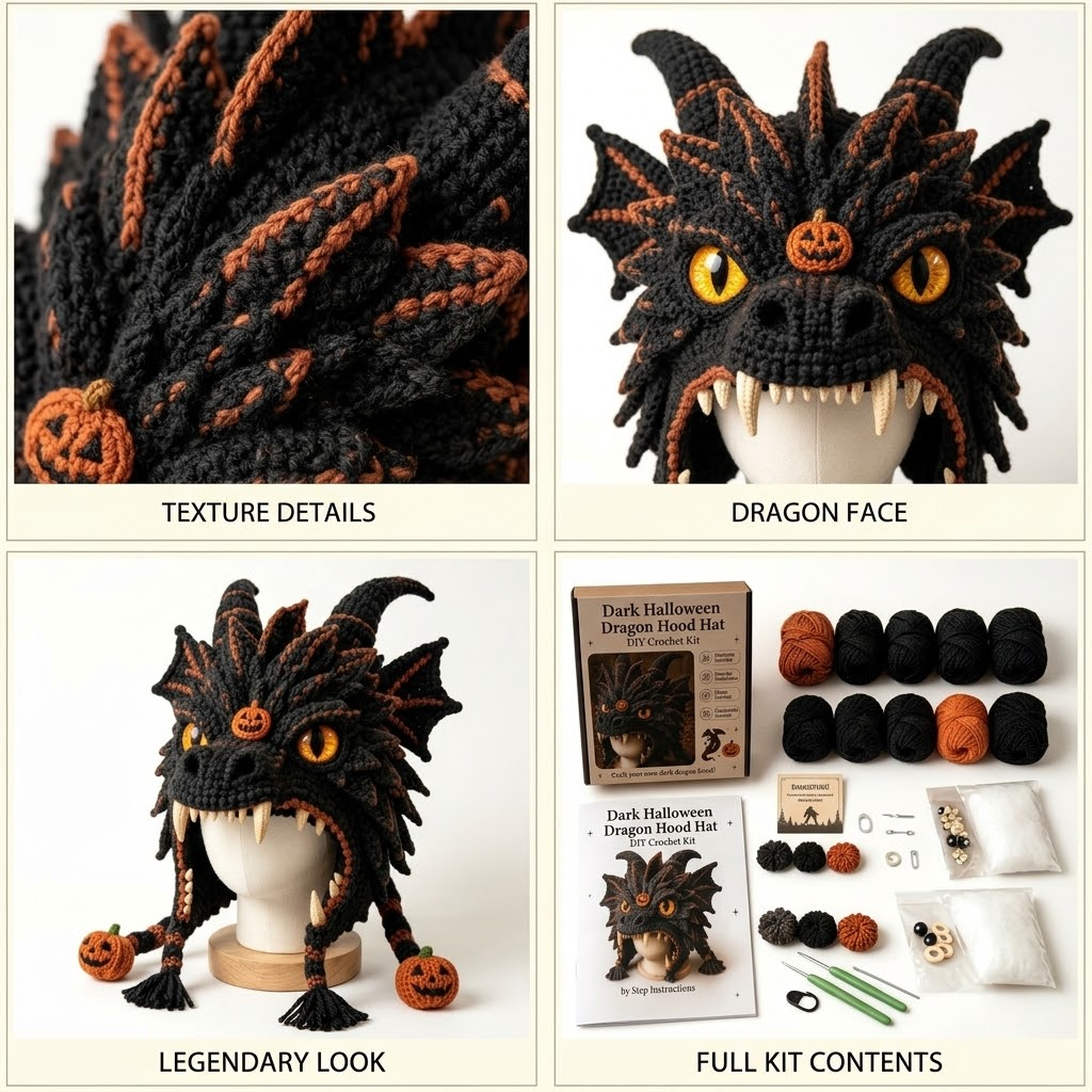 Dark Halloween Dragon Hood Hat DIY Crochet Kit — Craft Your Own Dark Magic