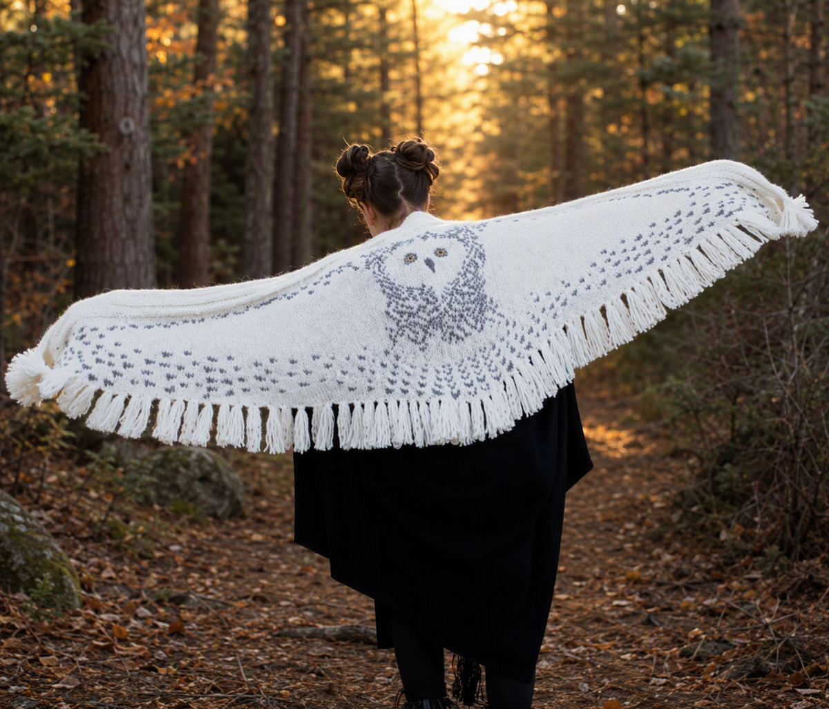 Vintage Knit Owl Wing Scarf with Tassel Fringe