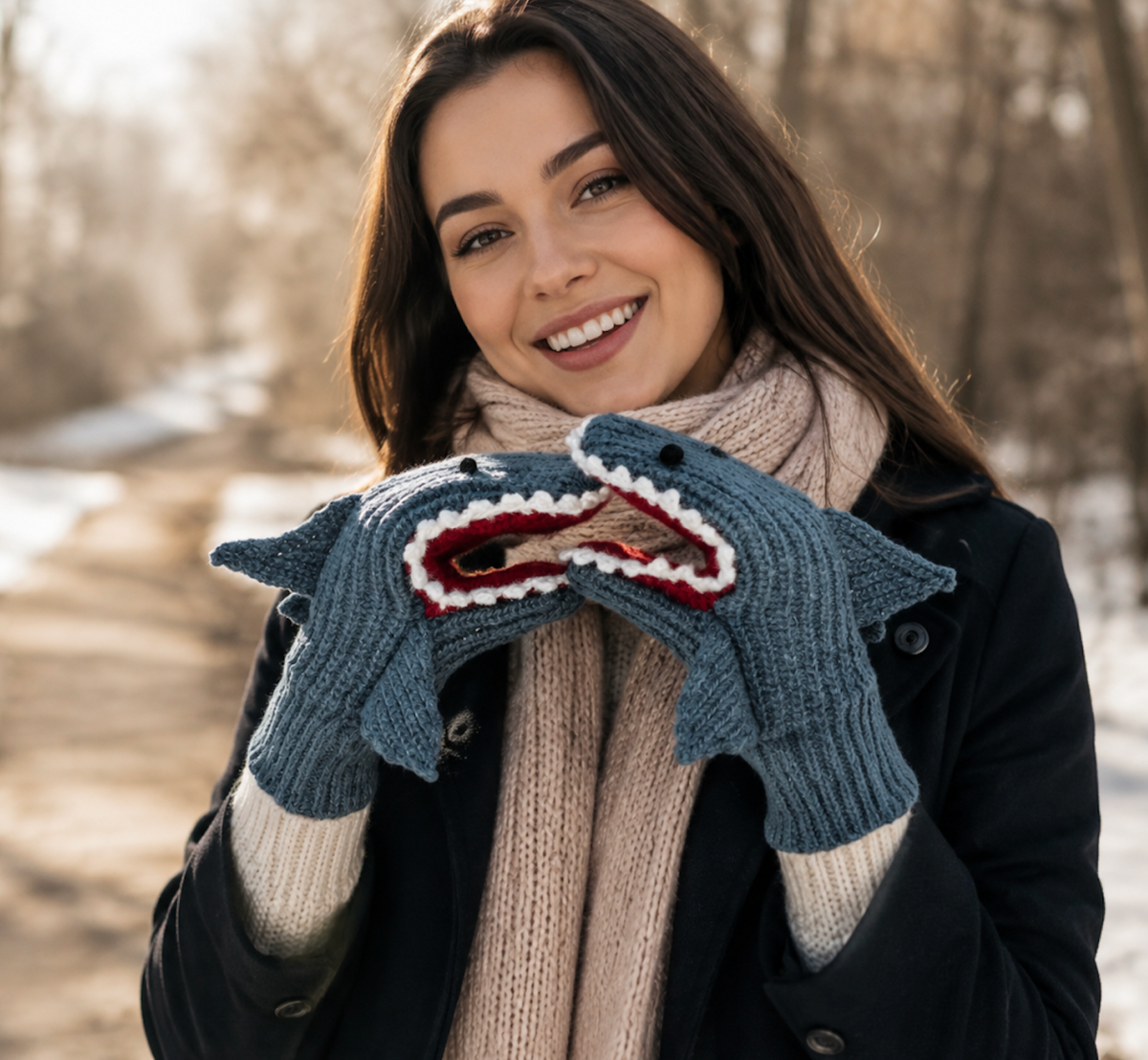 3D Shark Knit Mittens – Funny Animal Winter Gloves