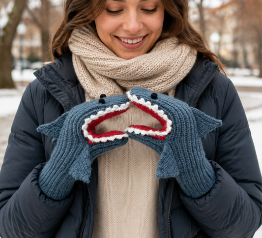 3D Shark Knit Mittens – Funny Animal Winter Gloves