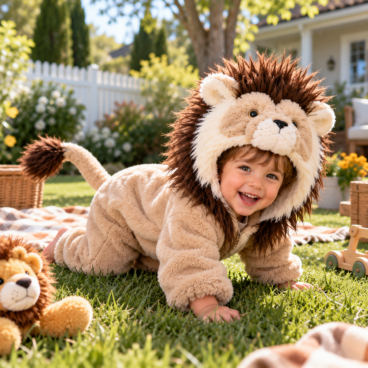 Handmade 3D Fluffy Lion Hooded Onesie – Adorable Kids' Lion Costume &amp; Cozy Pajamas