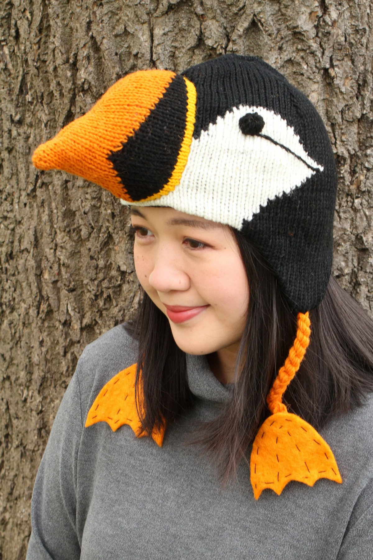 Handcrafted 3D Puffin Crochet Earflap Beanie with Big Beak & Webbed Foot Tassels