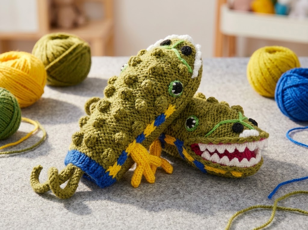Kids' 3D Crocodile Hand-Crocheted Mittens – Funny Alligator Puppet Gloves