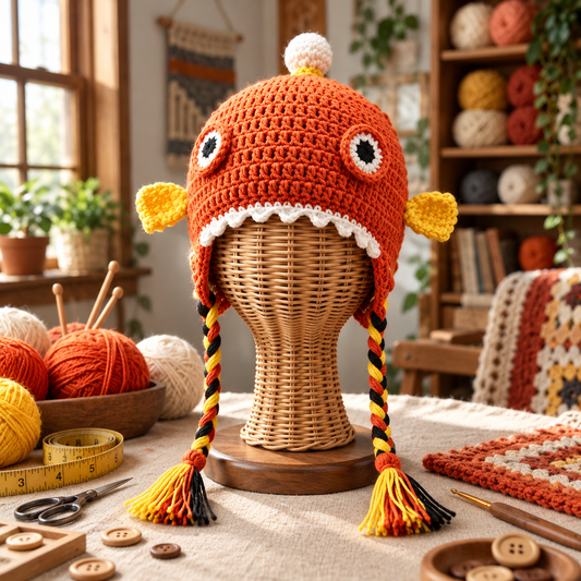 Funny Clownfish 3D Crochet Hat – Cute Orange Fish Earflap Hat with Big Eyes &amp; Colorful Braided Tassels
