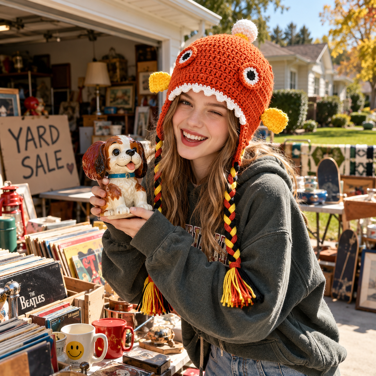 Funny Clownfish 3D Crochet Hat – Cute Orange Fish Earflap Hat with Big Eyes &amp; Colorful Braided Tassels