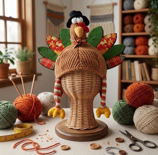 Funny 3D Turkey Hand-Crocheted Beanie – Thanksgiving Novelty Earflap Hat