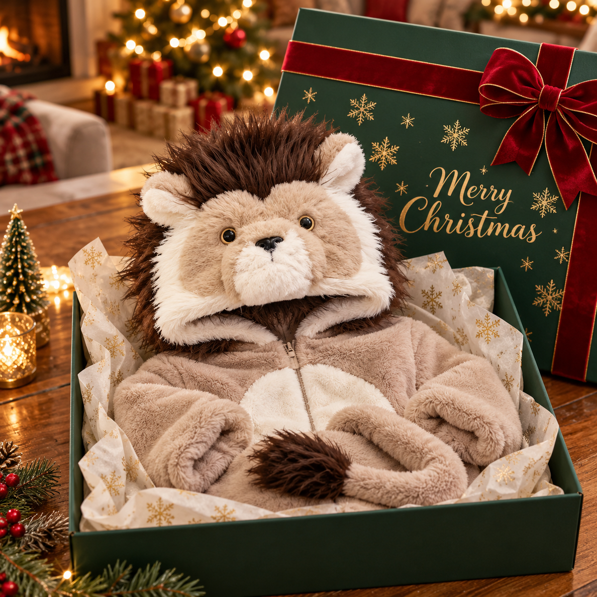 Handmade 3D Fluffy Lion Hooded Onesie – Adorable Kids' Lion Costume &amp; Cozy Pajamas
