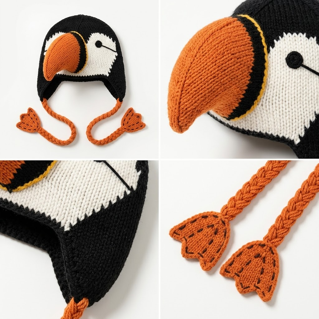 Handcrafted 3D Puffin Crochet Earflap Beanie with Big Beak & Webbed Foot Tassels