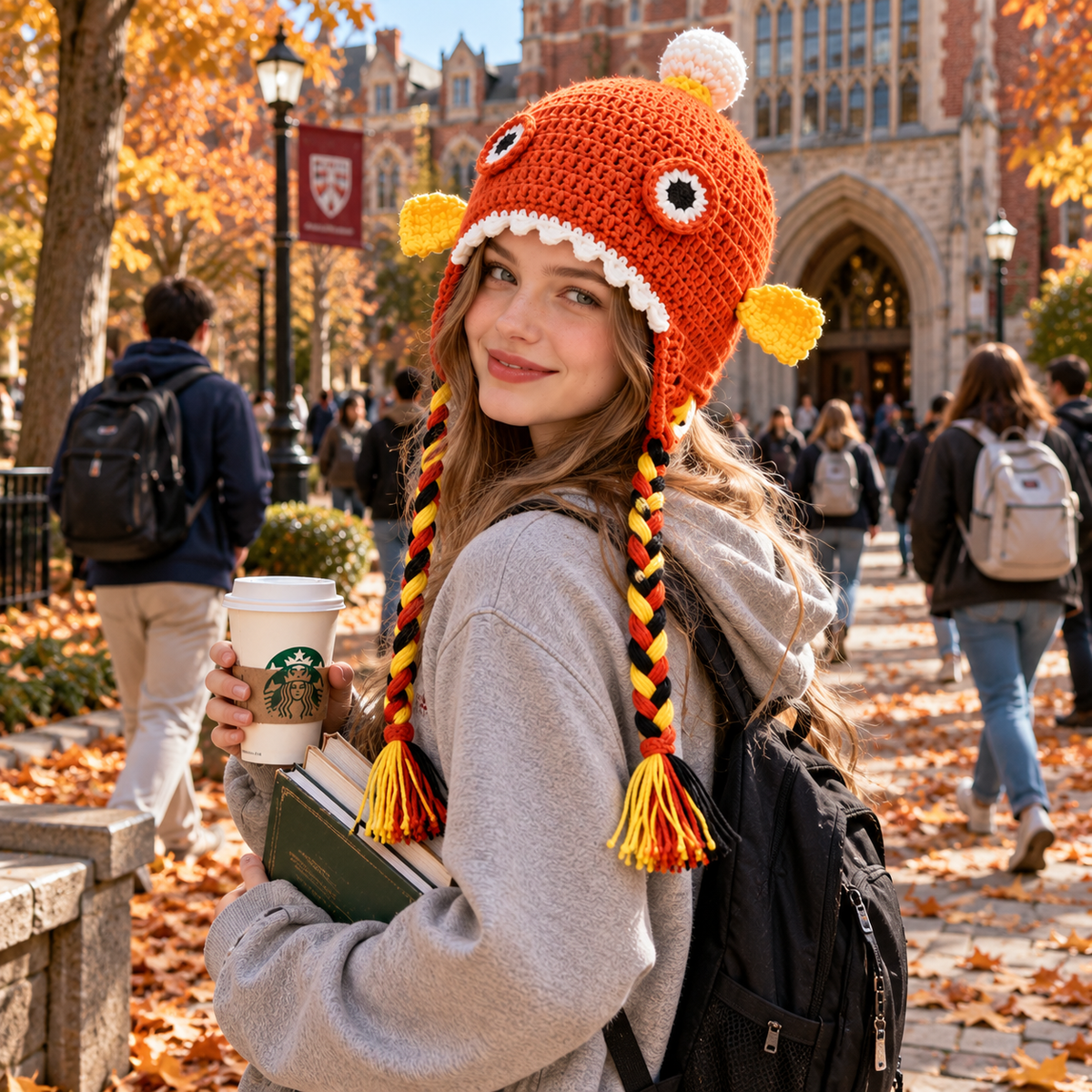 Funny Clownfish 3D Crochet Hat – Cute Orange Fish Earflap Hat with Big Eyes &amp; Colorful Braided Tassels