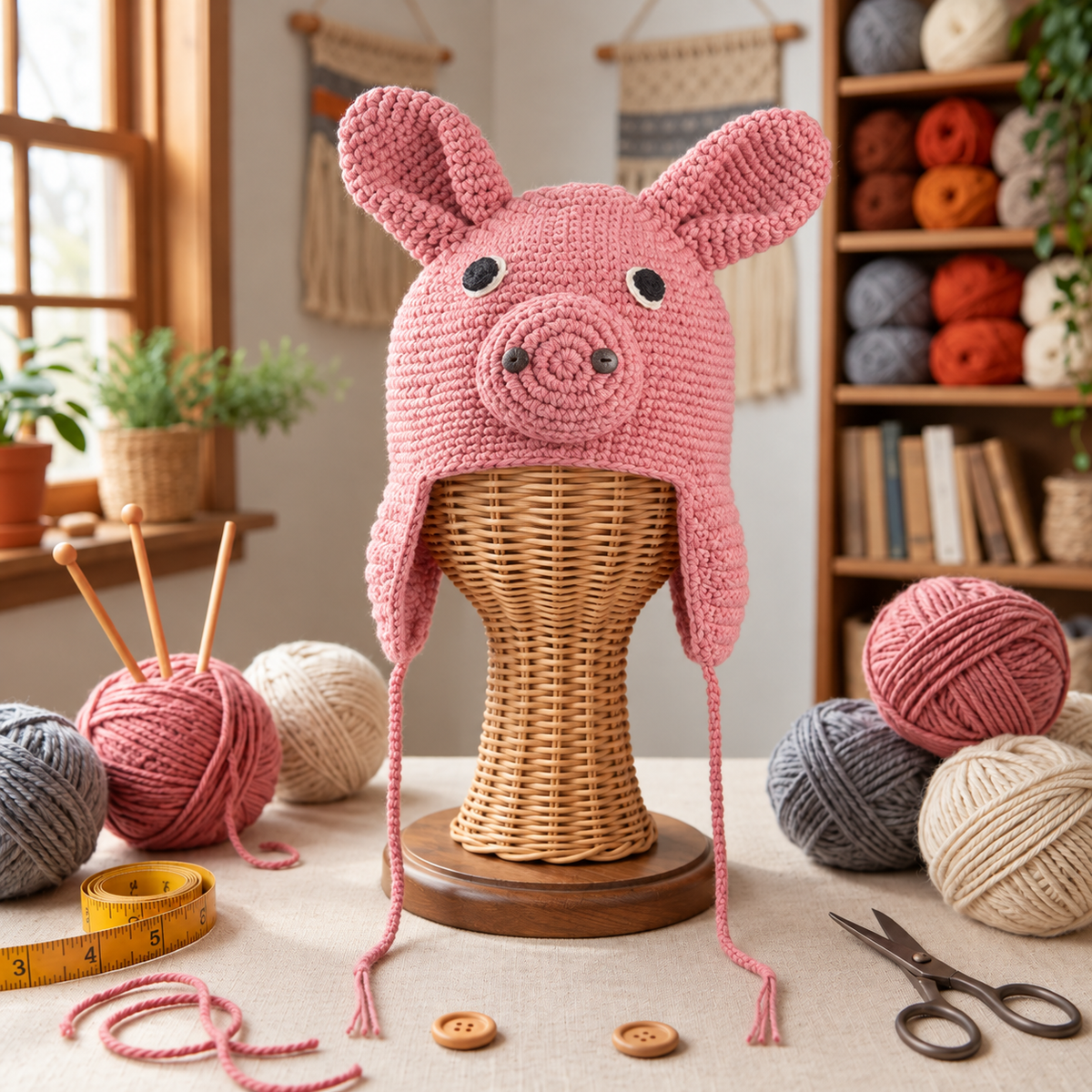 Handmade 3D Pink Pig Crochet Hat – Cute Piggy Earflap Beanie with Floppy Ears &amp; Long Ties for Kids &amp; Adults