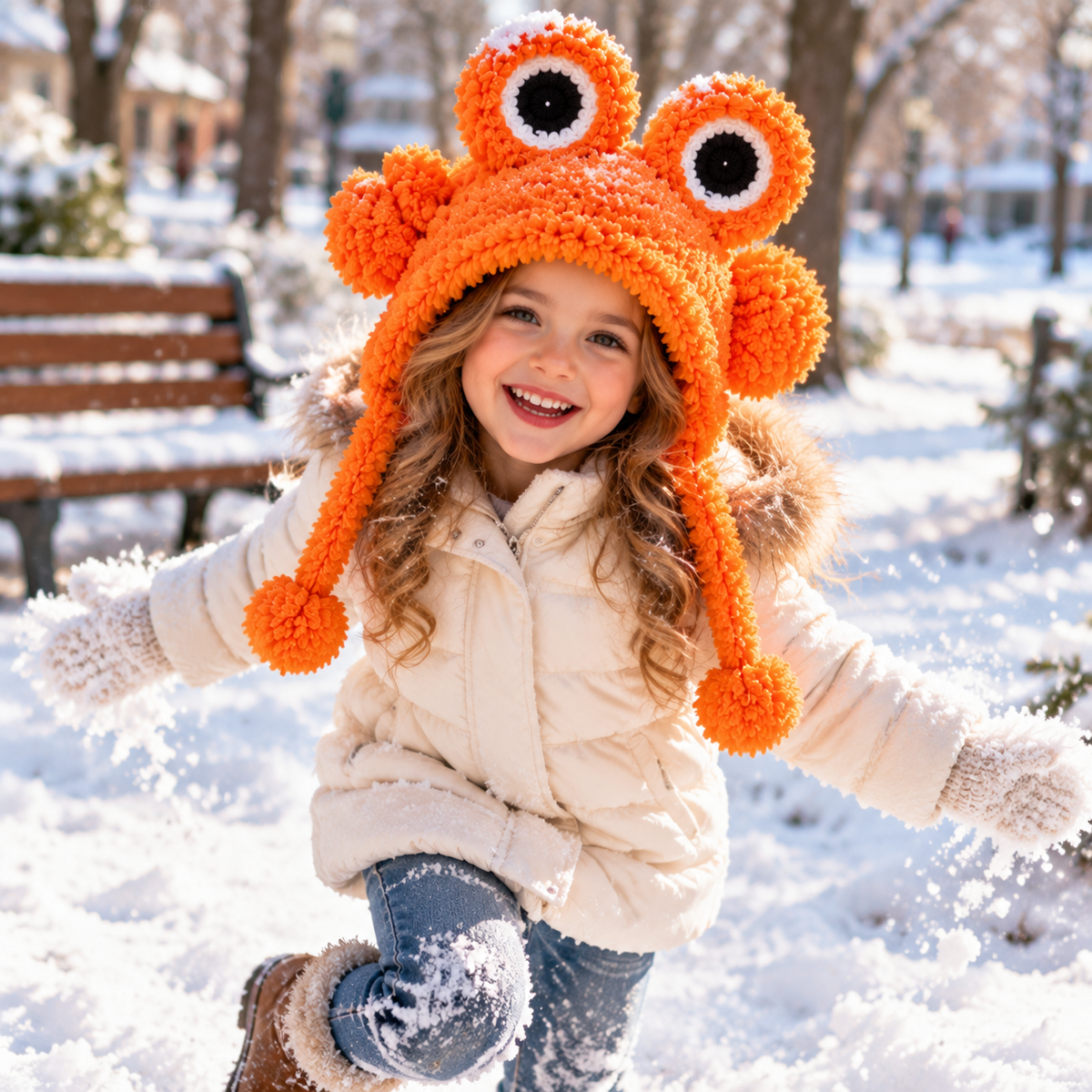 Handmade 3D Orange Monster Crochet Hat – Cute Crab-Inspired Animal Earflap Hat with Big Googly Eyes