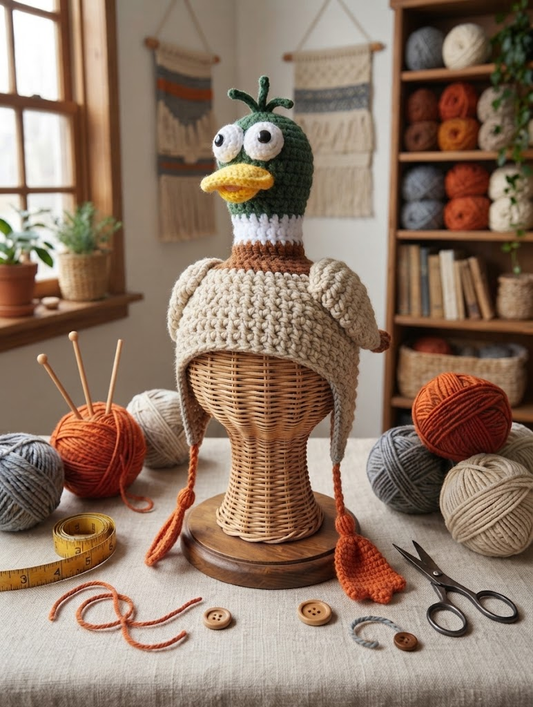 Handcrafted 3D Mallard Duck Crochet Earflap Beanie with Long Neck & Webbed Foot Tassels