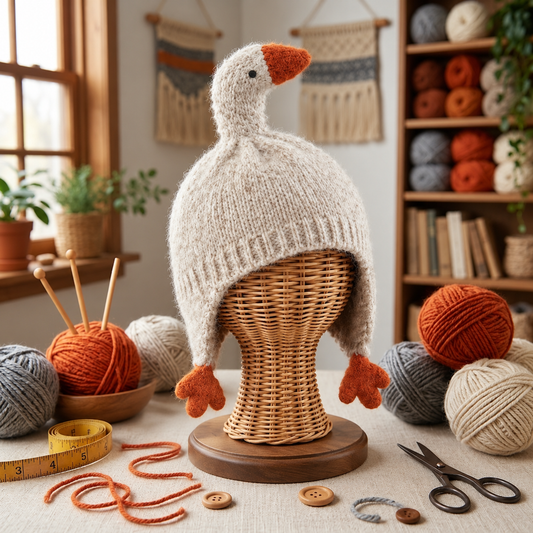 Adorable Goose 3D Knit Earflap Hat – Cute Beige Goose Beanie with Orange Beak & Hanging Webbed Feet Tassels
