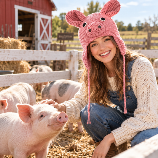 Handmade 3D Pink Pig Crochet Hat – Cute Piggy Earflap Beanie with Floppy Ears &amp; Long Ties for Kids &amp; Adults