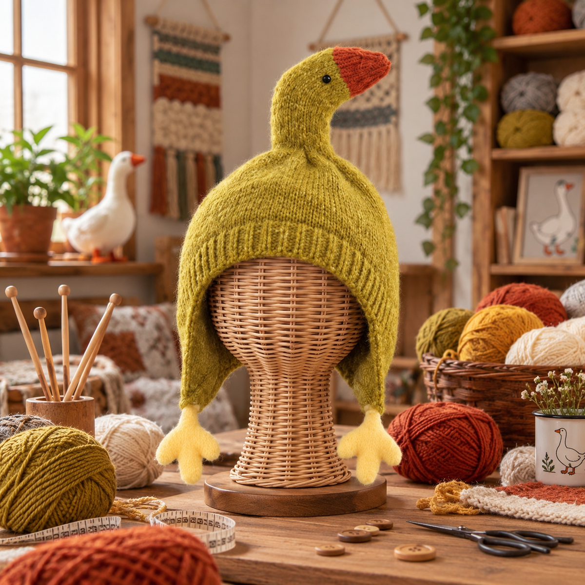 Adorable Goose 3D Knit Earflap Hat – Cute Beige Goose Beanie with Orange Beak & Hanging Webbed Feet Tassels