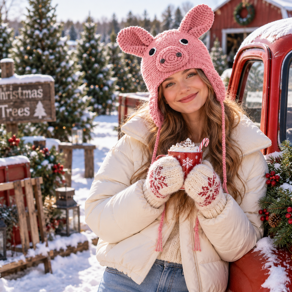 Handmade 3D Pink Pig Crochet Hat – Cute Piggy Earflap Beanie with Floppy Ears &amp; Long Ties for Kids &amp; Adults