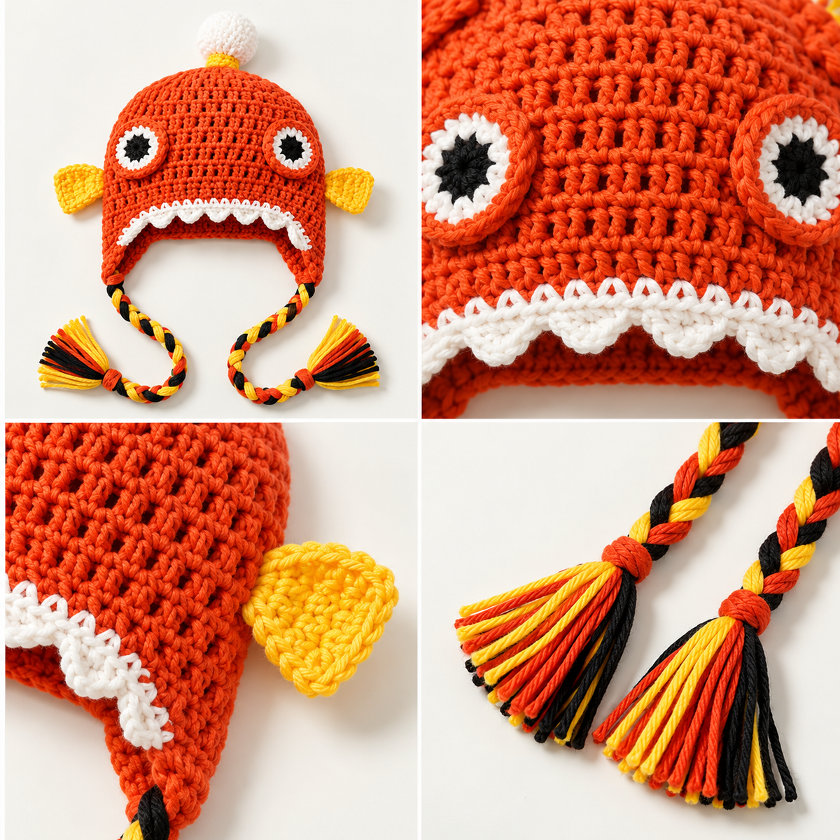 Funny Clownfish 3D Crochet Hat – Cute Orange Fish Earflap Hat with Big Eyes &amp; Colorful Braided Tassels