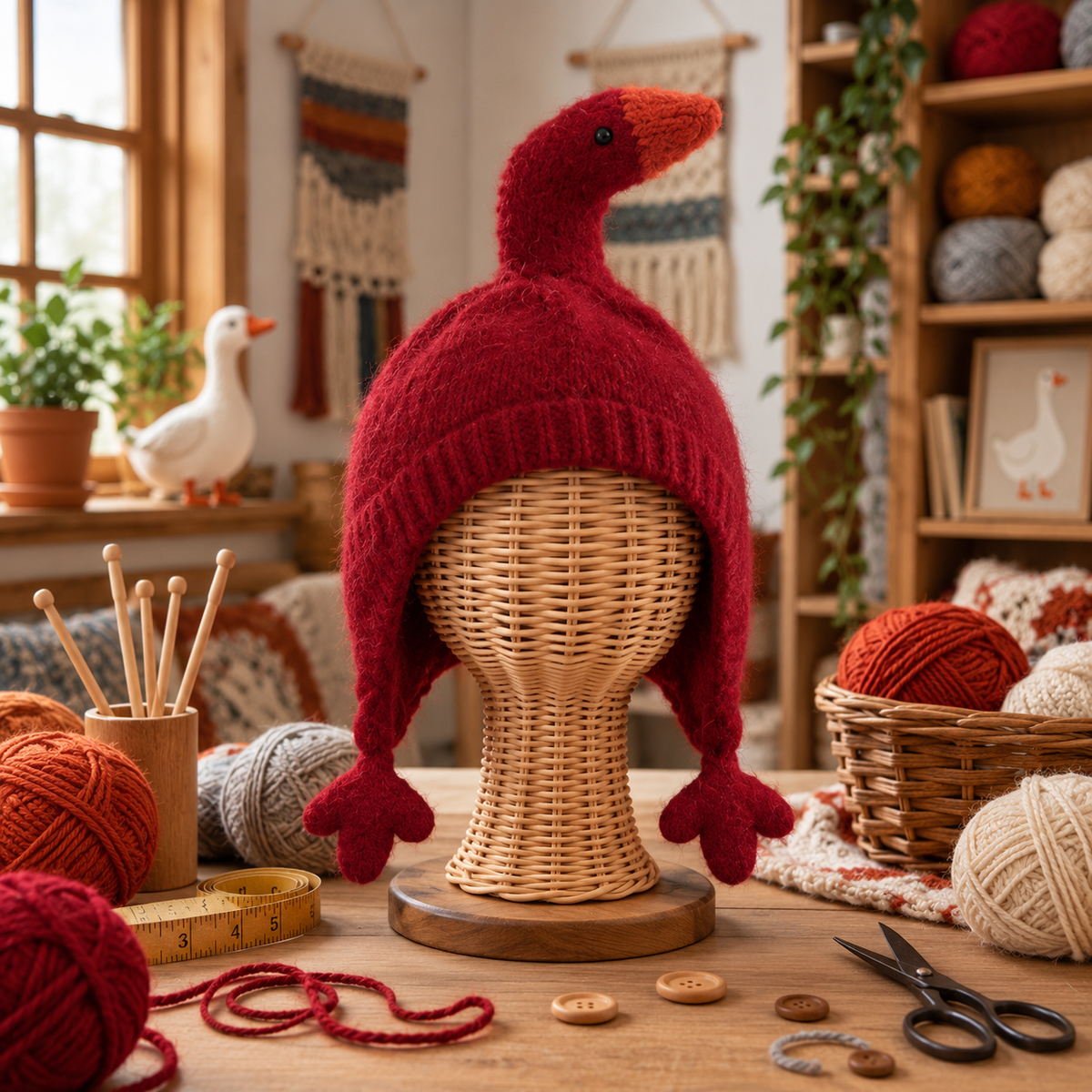 Adorable Goose 3D Knit Earflap Hat – Cute Beige Goose Beanie with Orange Beak & Hanging Webbed Feet Tassels